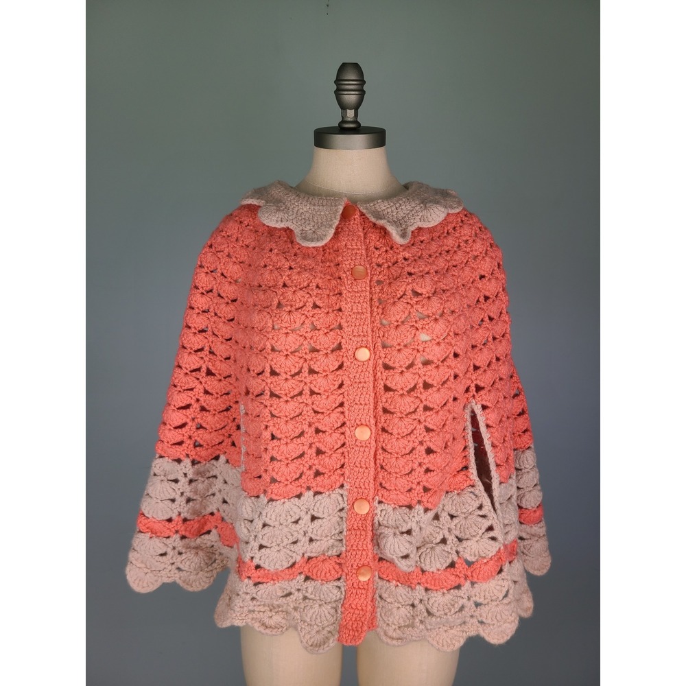 Handmade 60s Crochet Capelet Cardigan Poncho Coral Pink Beige Dopamine Retro
